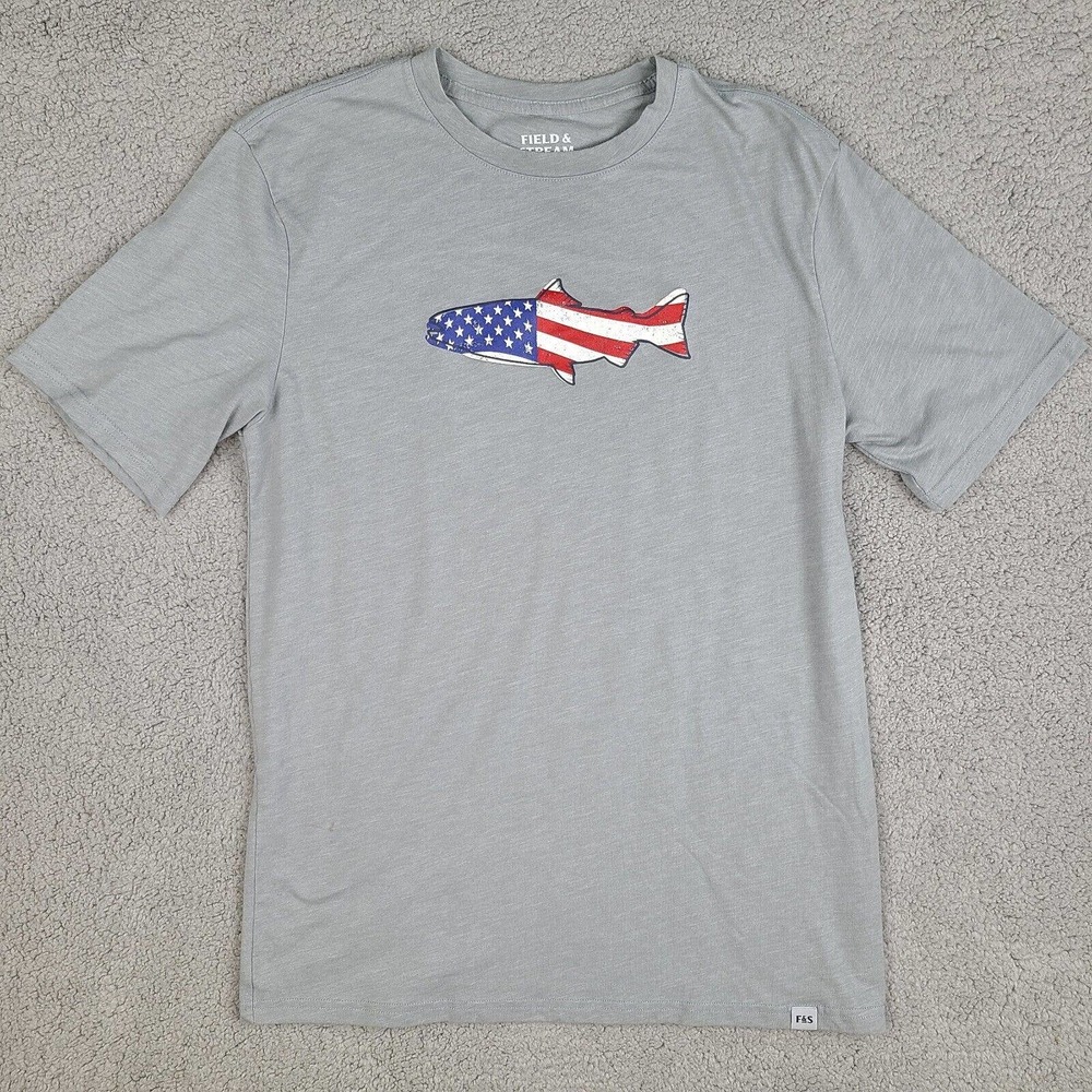 Field & Stream T-Shirt Men's Medium Gray‎ Fish American Flag USA Short Sleeve